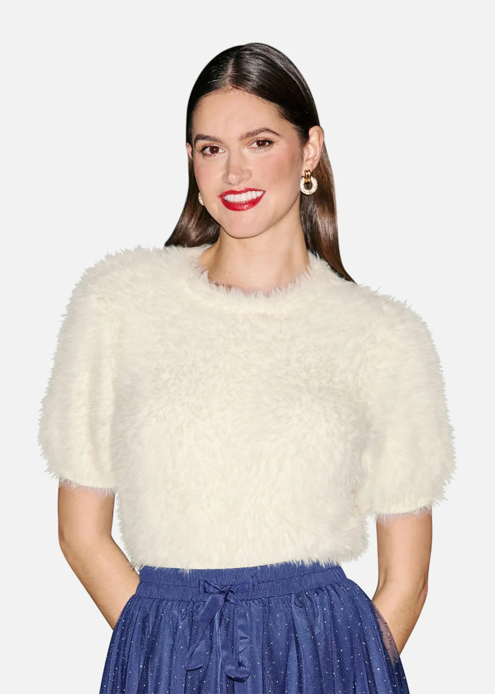 Yumi Ivory Fluffy Short Sleeve Jumper - L Image 1