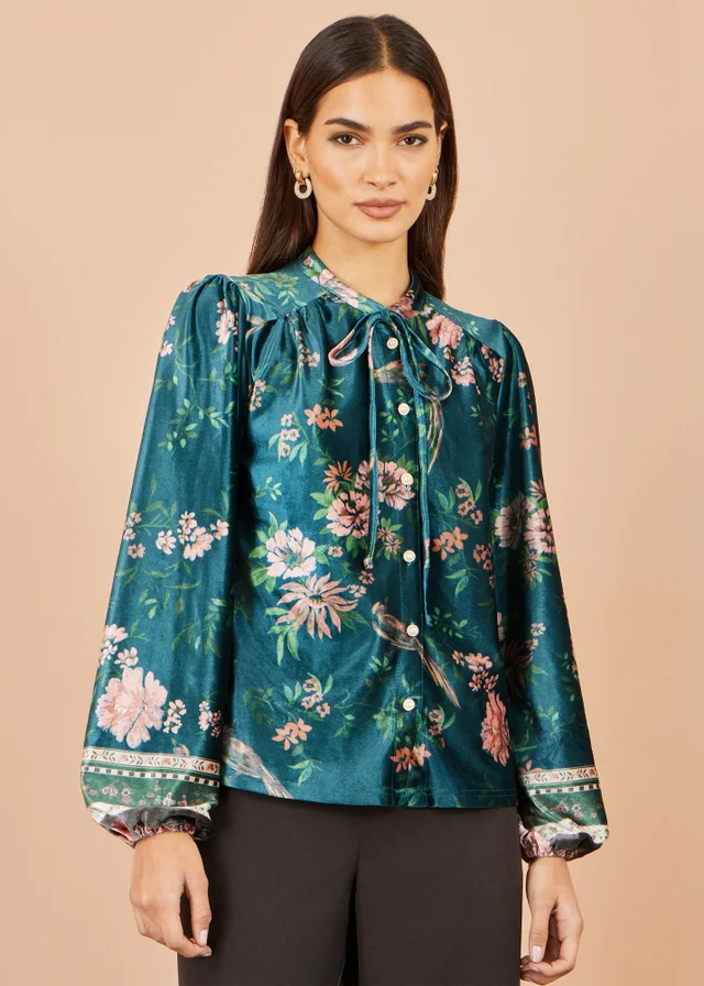 Yumi Green Floral Velvet Blouse With Tie Neckline