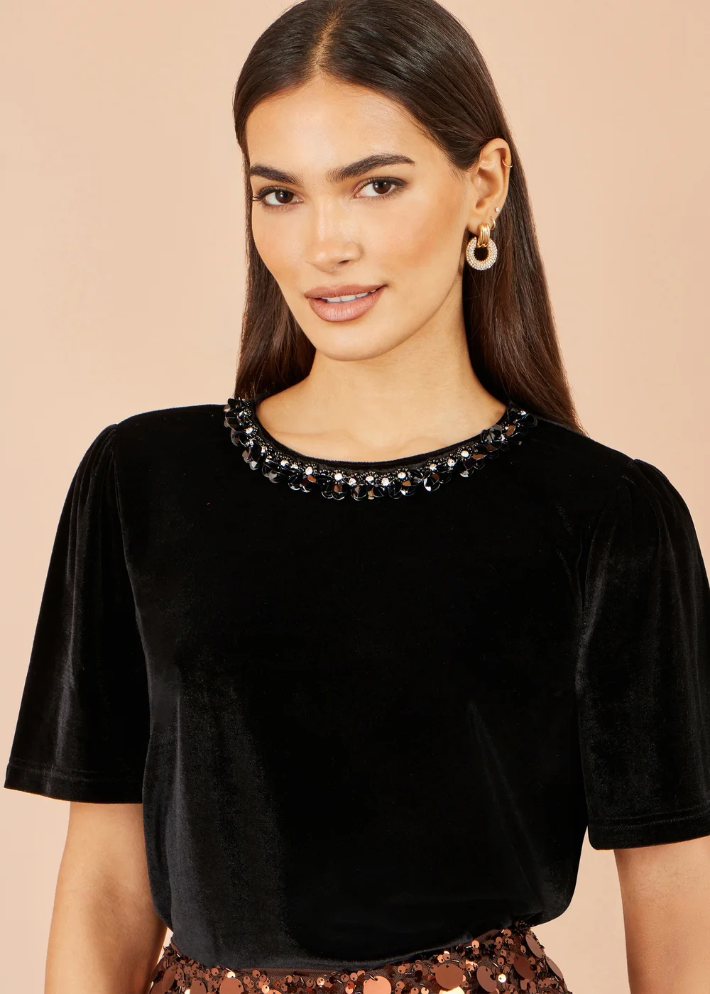 Yumi Black Velvet Embellished Neck Top - 8 Image 4