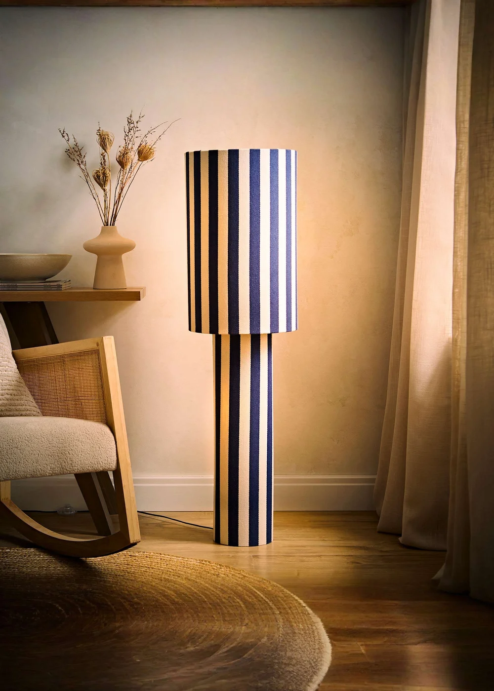 ValueLights Florence Navy Deckchair Stripe Linen Midi Floor Lamp With Warm White Bulb - One Size Image 2
