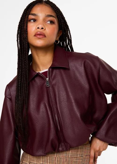 Pink Vanilla Burgundy Faux Leather Puffball Jacket - M/L Image 3