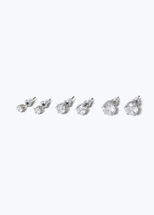 3 Pack Muse Silver Rhinestone Stud Earrings - One Size Image 2