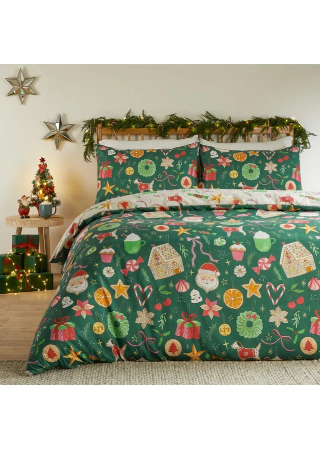 Duvet Day Festive Treats Super King Printed Soft Touch Duvet Sets Emerald