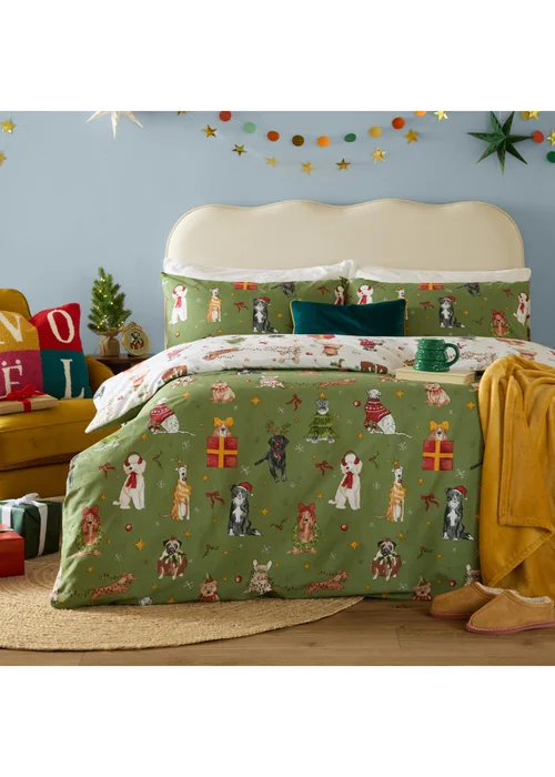 Furn Christmas Pawty Super King Reversible Duvet Sets Green - Single Image 1