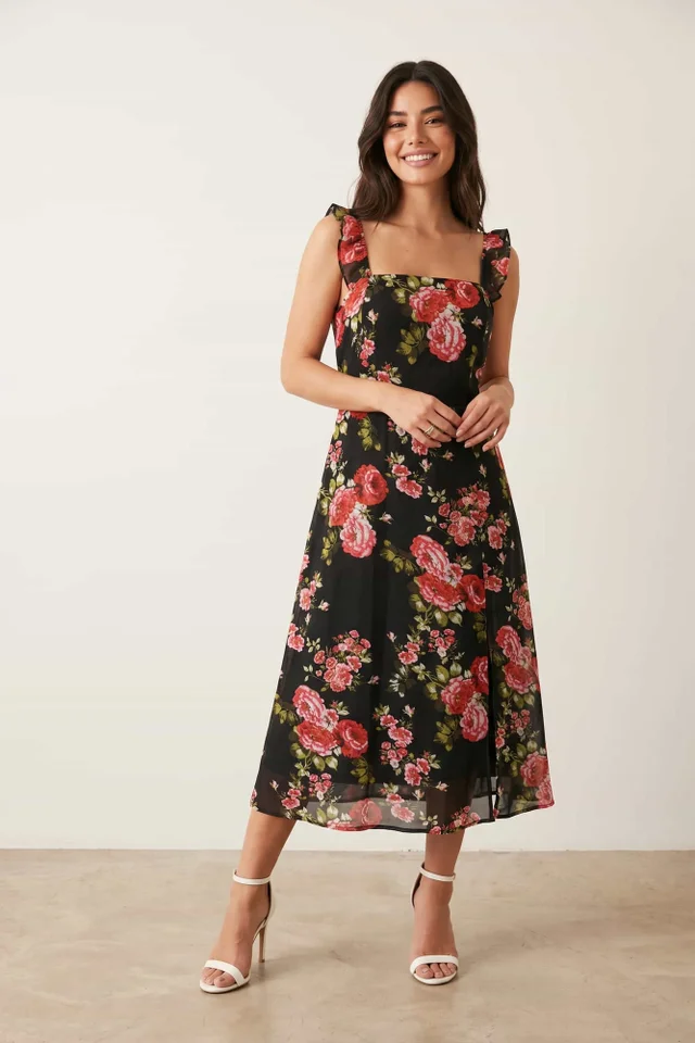 Style Cheat Strappy Rose Print Midi Dress