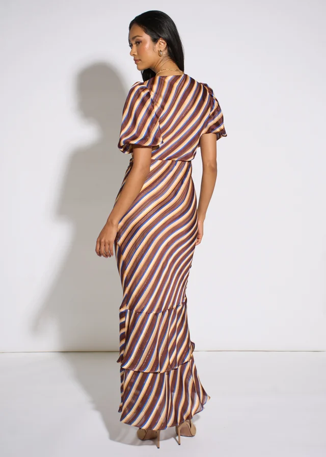 Gini London Brown Stripe Lurex Chiffon Maxi Dress