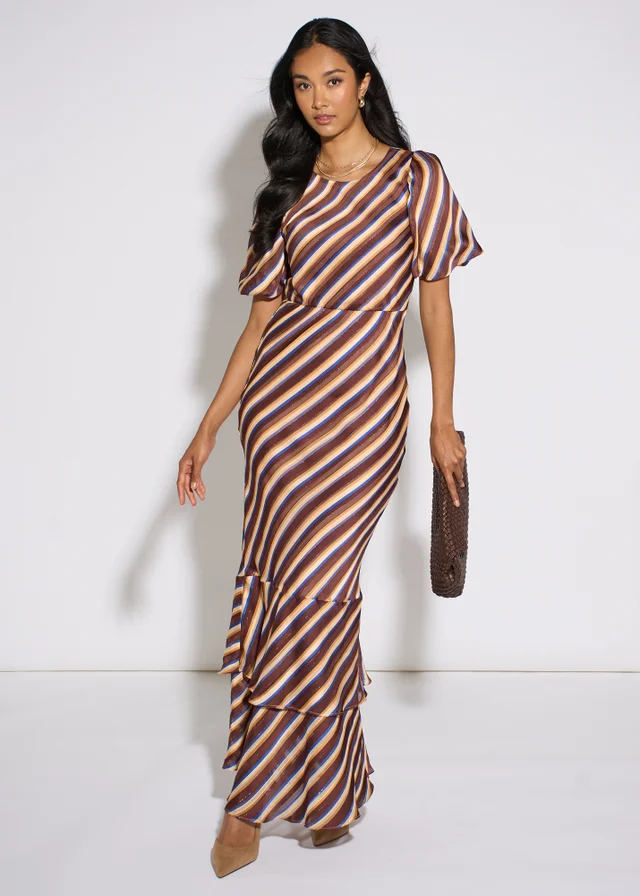 Gini London Brown Stripe Lurex Chiffon Maxi Dress
