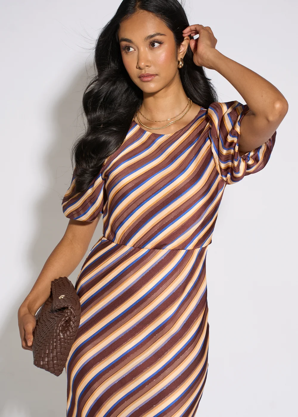 Gini London Brown Stripe Lurex Chiffon Maxi Dress - 14 Image 3
