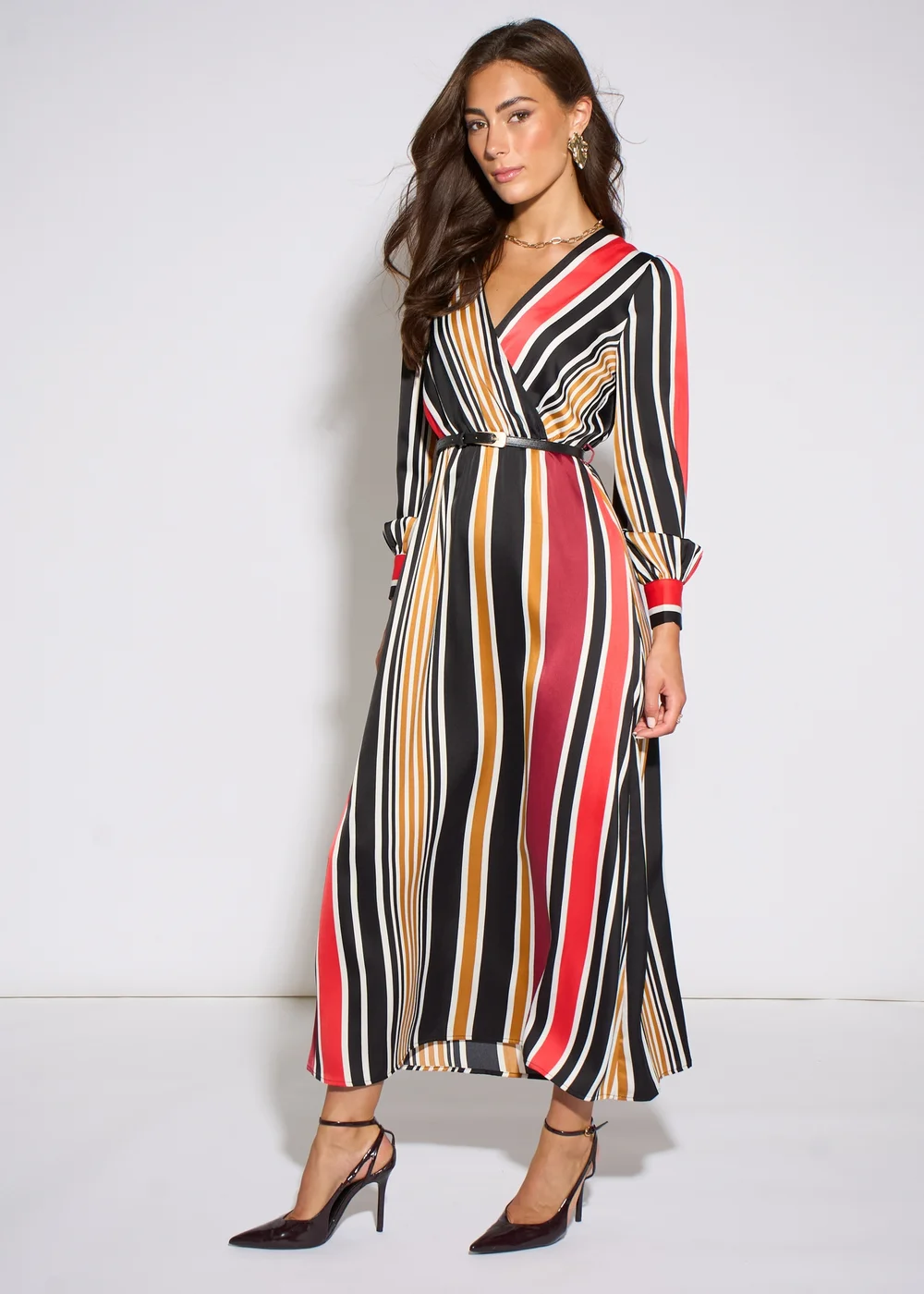 Gini London Multi Stripe Satin Wrap Midaxi Dress - 8 Image 4