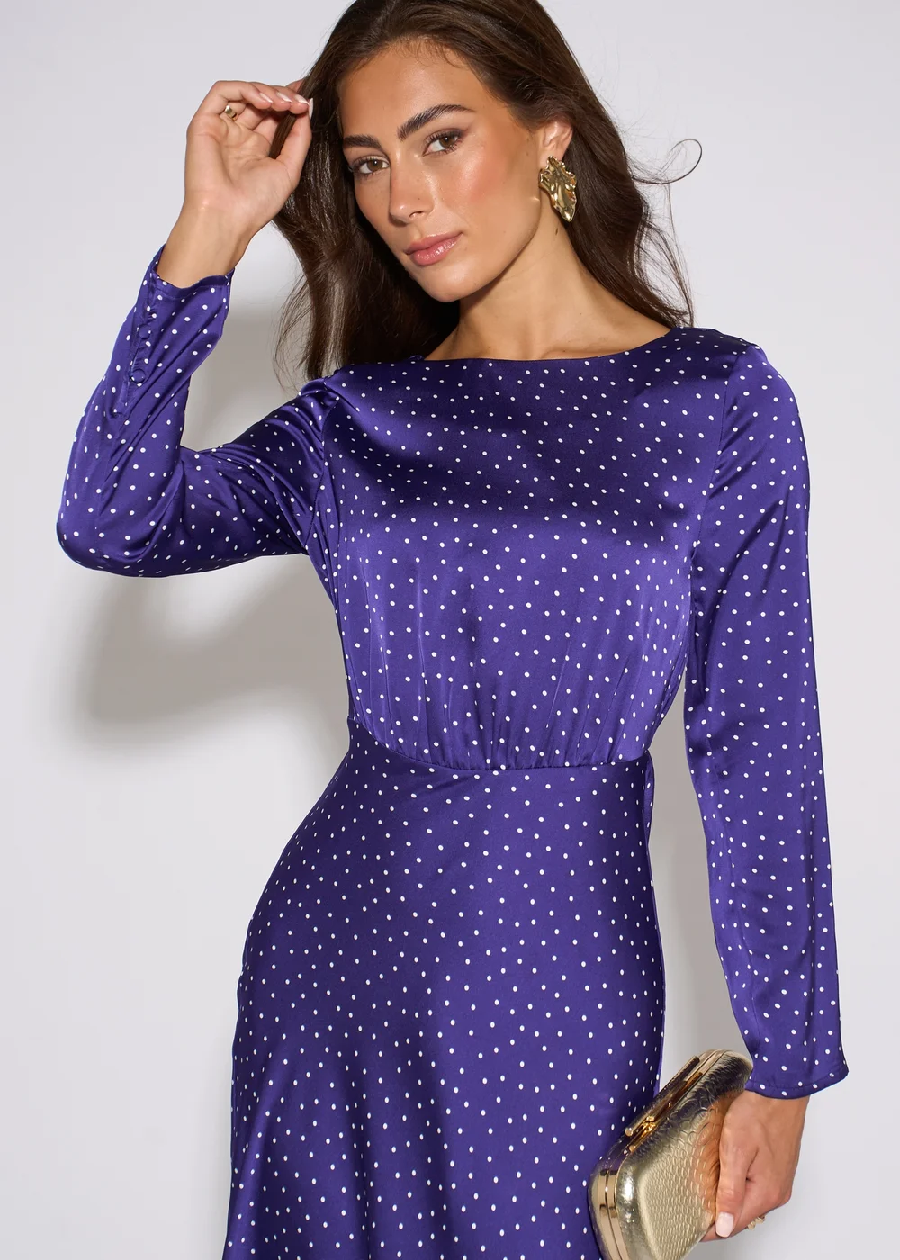 Gini London Blue Spot Long Sleeves Satin Midi Dress - 12 Image 3