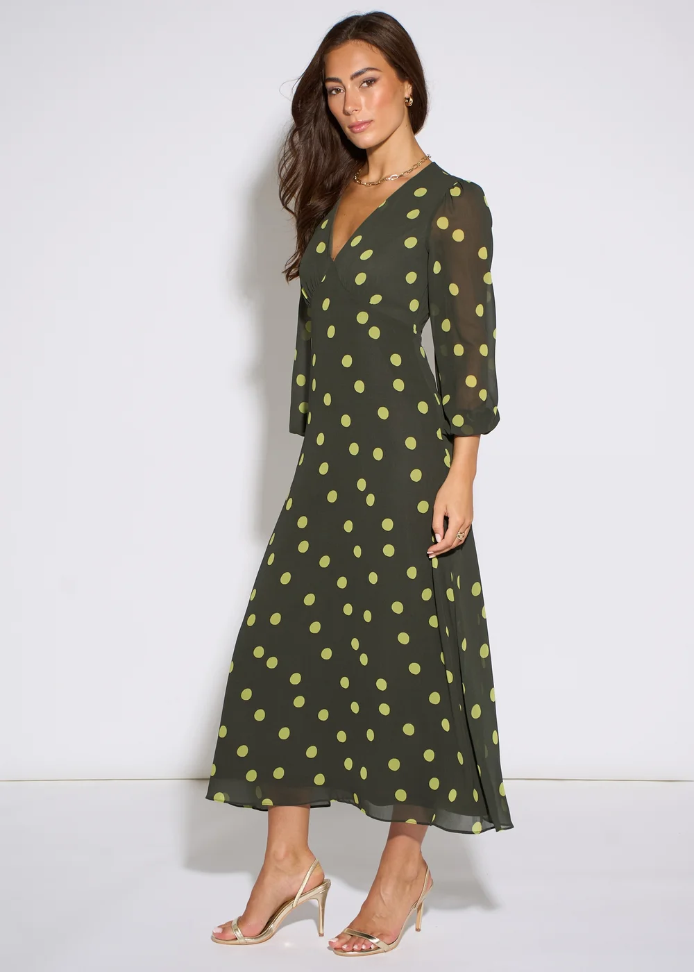 Gini London Green Lime Spot V Neck Midi Dress - 10 Image 4
