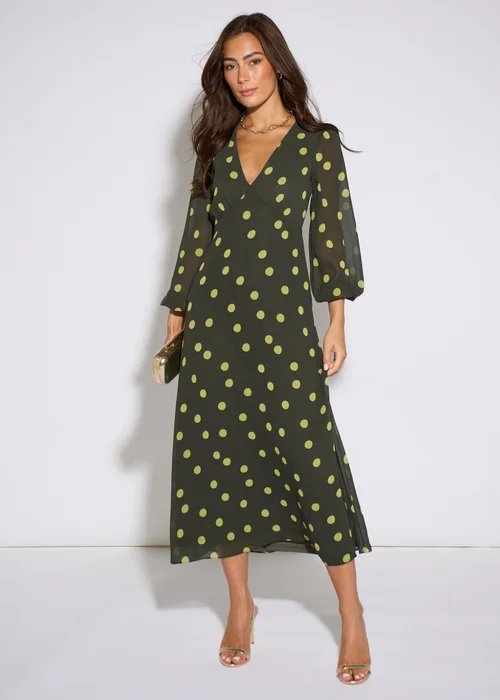 Gini London Green Lime Spot V Neck Midi Dress - 10 Image 1