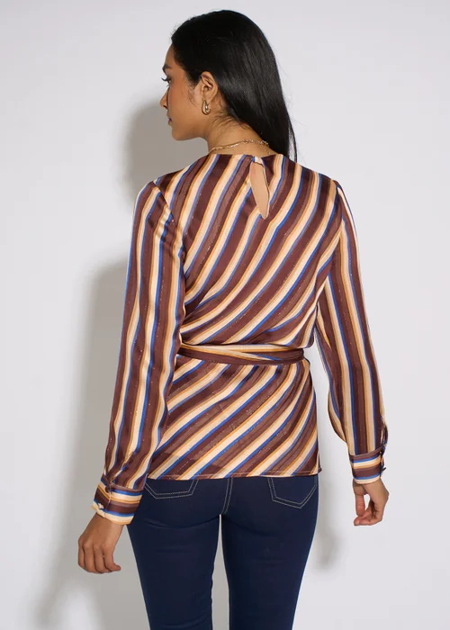 Gini London Brown Diagonal Stripe Lurex Belted Blouse - 12 Image 2