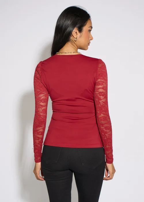 Gini London Red Lace Sleeves Jersey Wrap Front Top - 14 Image 2