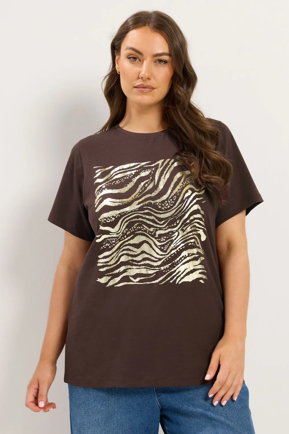 Yours Curve Chocolate Brown Zebra Foil T-Shirt - 14 Image 1
