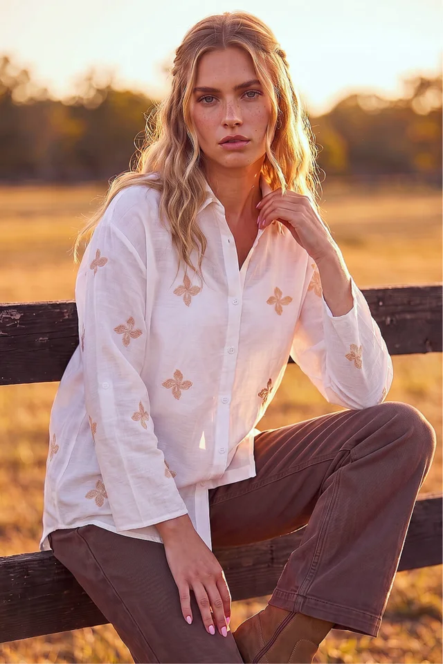 Roman Ivory Floral Embroidered Shirt