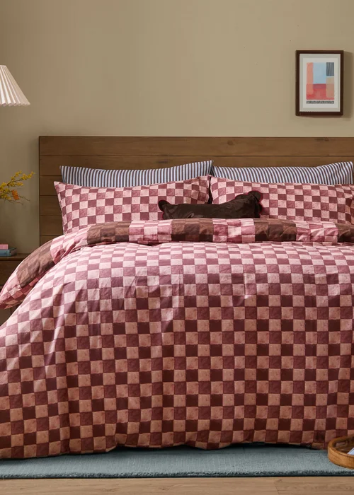 Furn Huxley Double Reversible Checkerboard Duvet Set Chocolate & Blush - Single Image 2