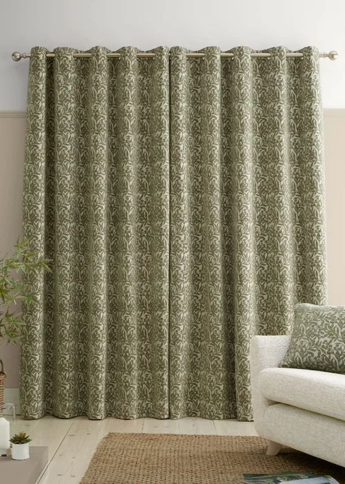 Bianca Fine Linens Chenille Leaves Lined Eyelet Curtains Green - 46W X 54D (117x137cm Image 2