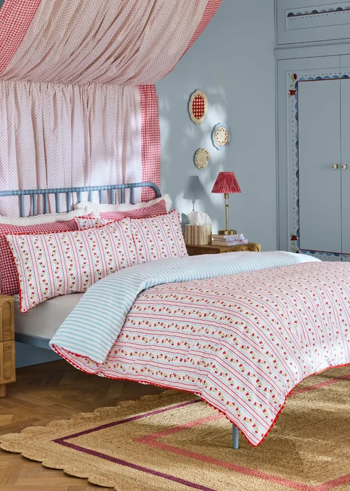 Cath Kidston Treasure Floral Stripe Reversible Cotton Duvet Cover Set Red / Navy - Single Image 1