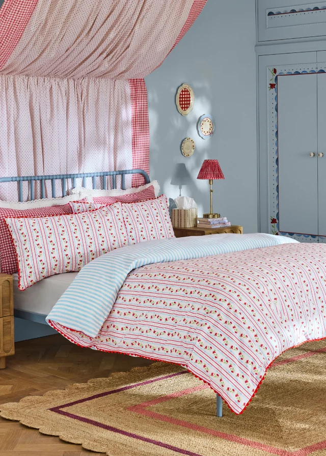 Cath Kidston Treasure Floral Stripe Reversible Cotton Duvet Cover Set Red / Navy
