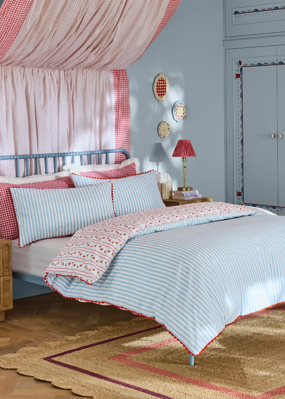 Cath Kidston Treasure Floral Stripe Reversible Cotton Duvet Cover Set Red / Navy - Single Image 2