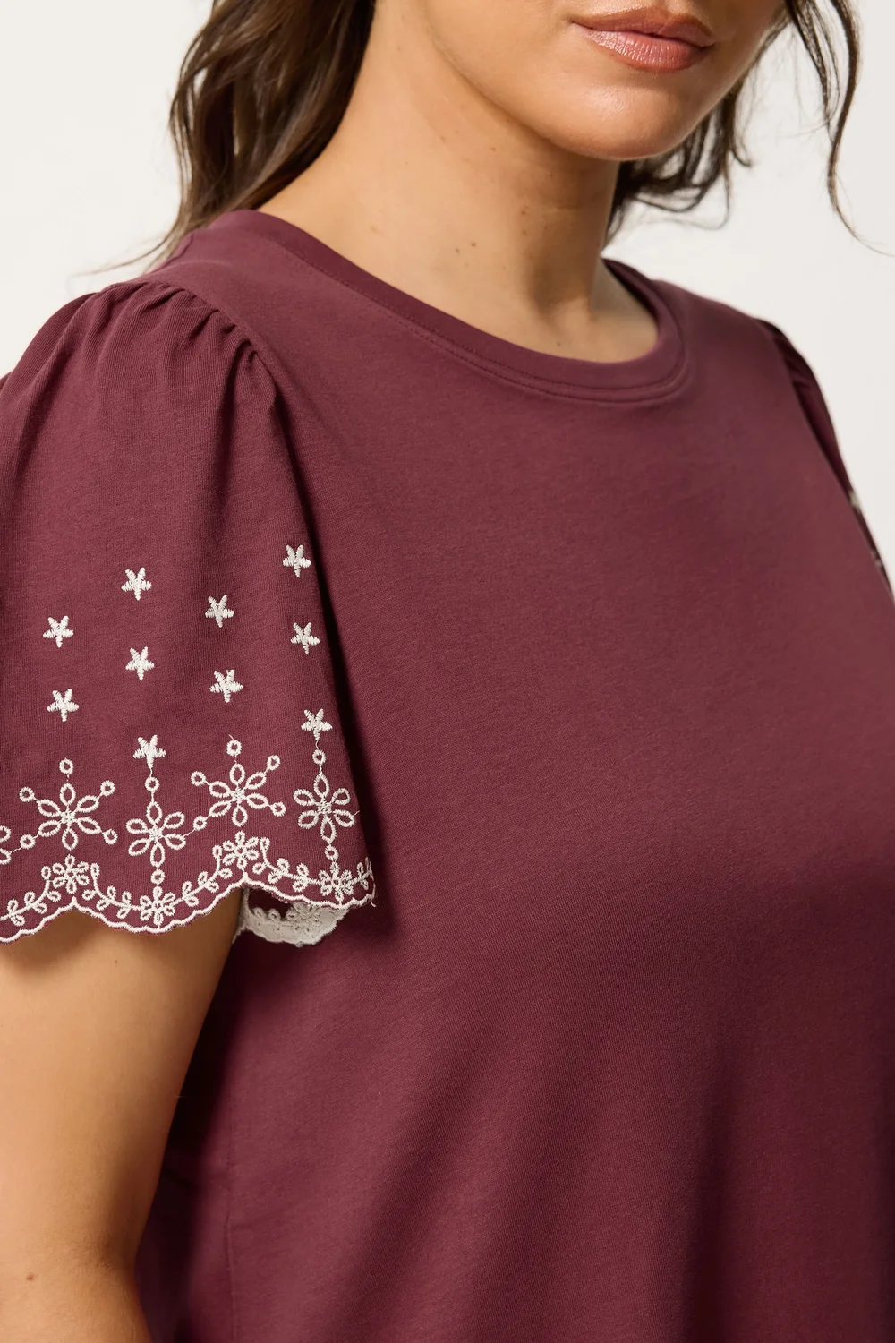 Yours Curve Burgundy Red Embroidered Sleeve T-Shirt - 14 Image 5