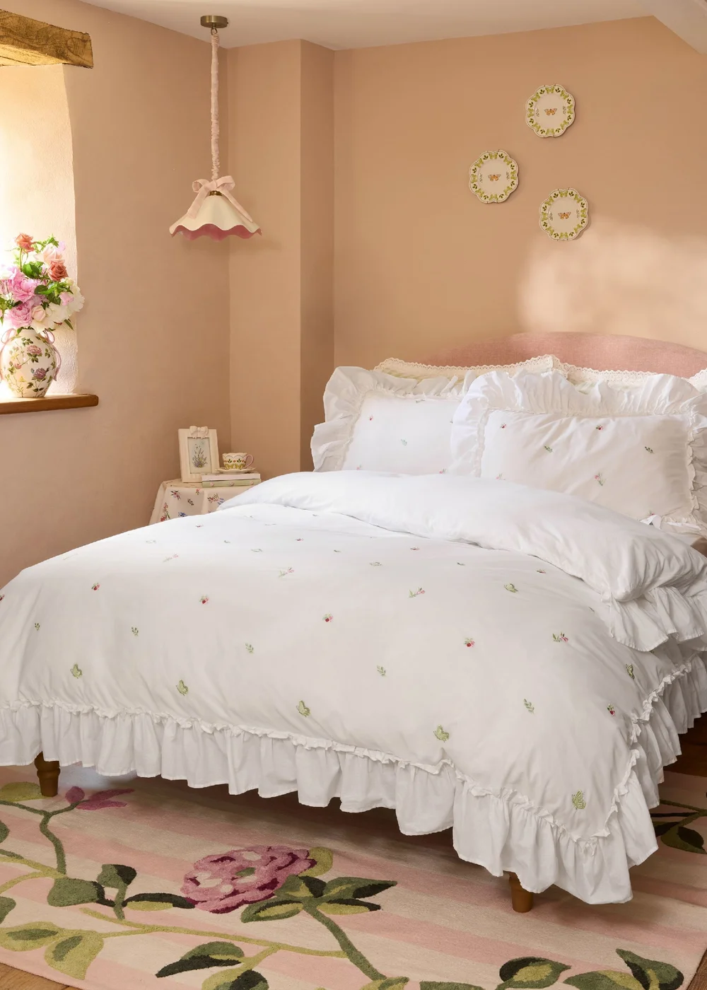 Cath Kidston Tiny Floral Embroidered Frill Cotton Duvet Cover Set White - Single Image 2