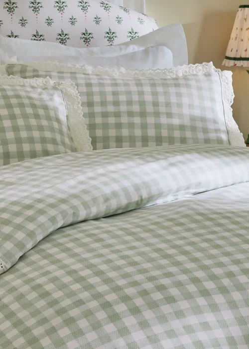 Cath Kidston Painted Gingham Lace Reversible Cotton Duvet Cover Set Green - Single Image 2