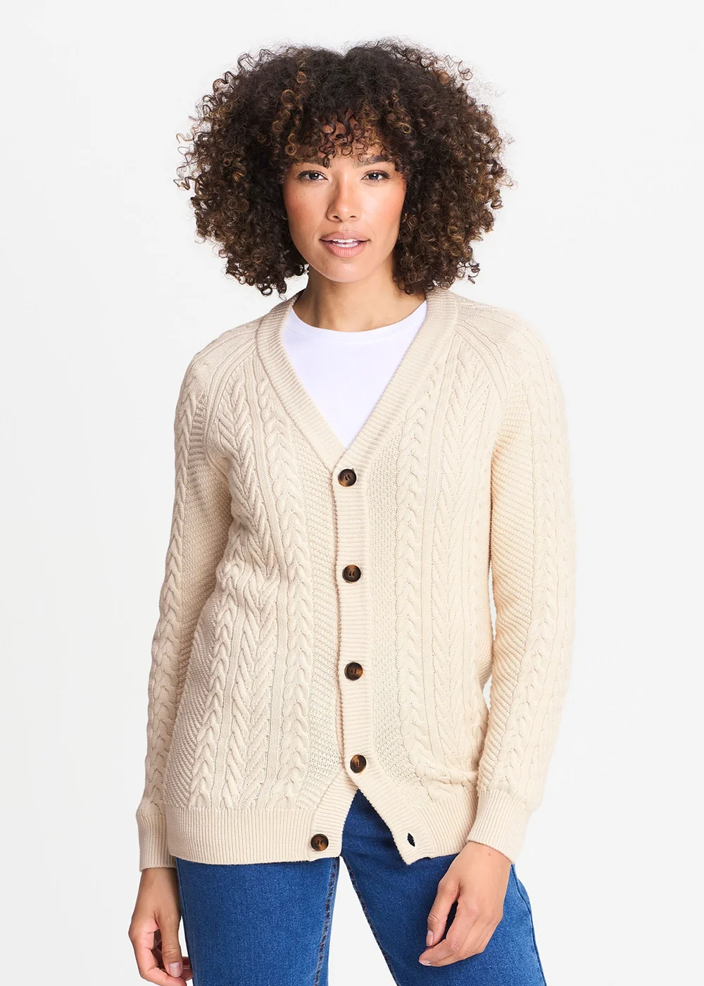 Cotton Traders Ecru Cotton Textured Cable Button Through Cardigan - 3XL Image 1