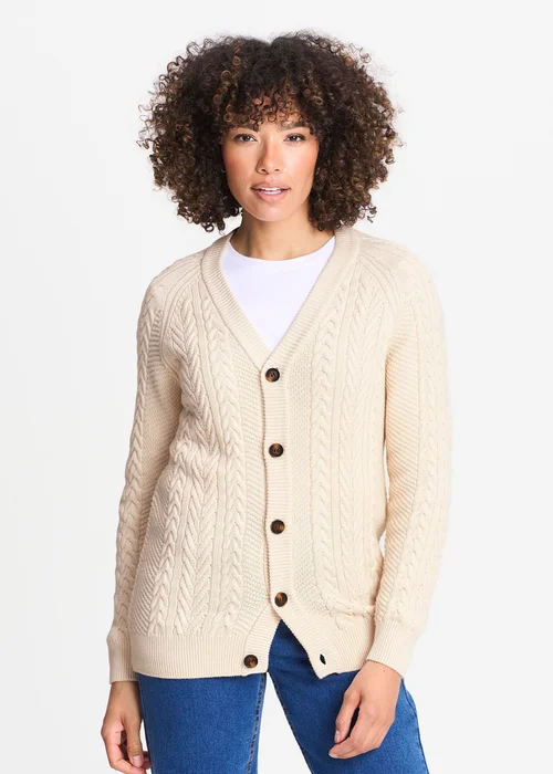 Cotton Traders Ecru Cotton Textured Cable Button Through Cardigan - 3XL Image 1