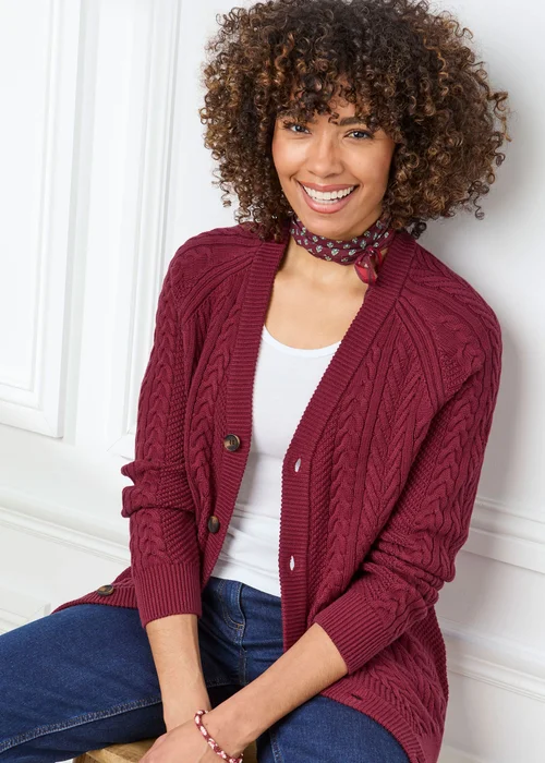 Cotton Traders Ruby Cotton Textured Cable Button Through Cardigan - L Image 1