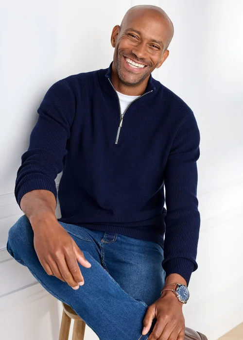 Cotton Traders Ink Rib Knit Zip Neck Jumper - 2XL Image 1