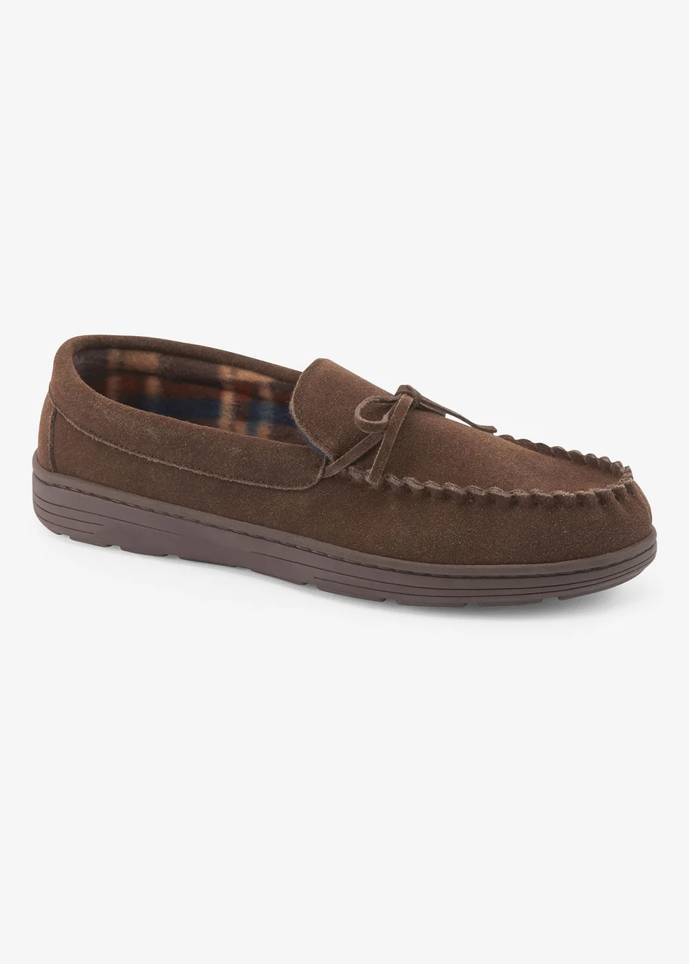 Cotton Traders Brown Suede Check-Lined Moccasin Slippers - 8 Image 1