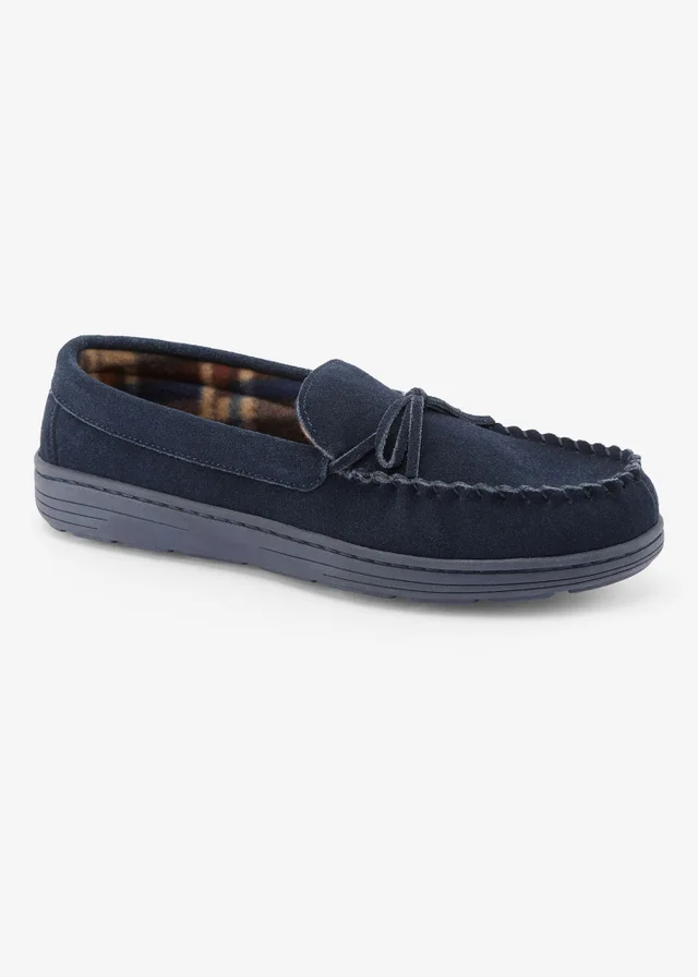 Cotton Traders Navy Suede Check-Lined Moccasin Slippers