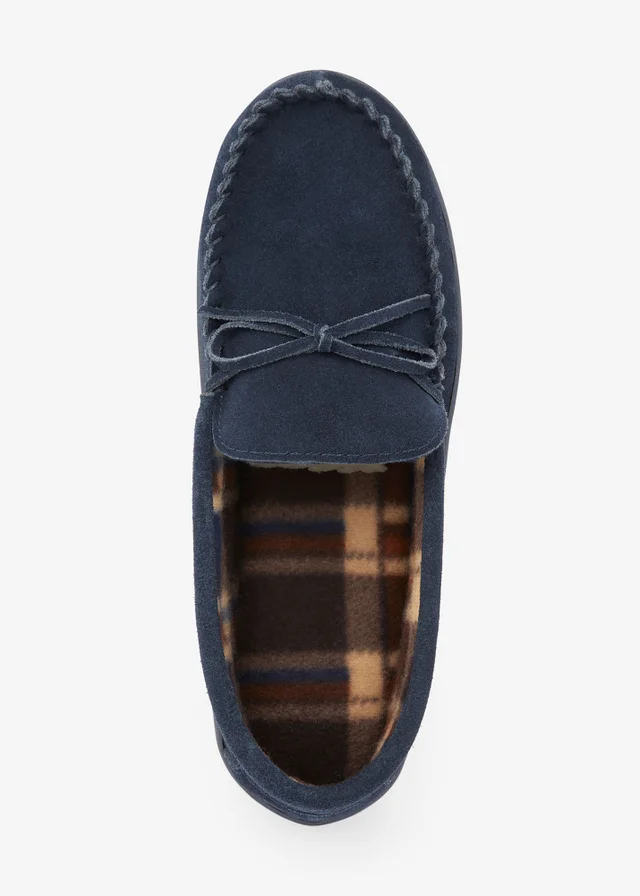 Cotton Traders Navy Suede Check-Lined Moccasin Slippers
