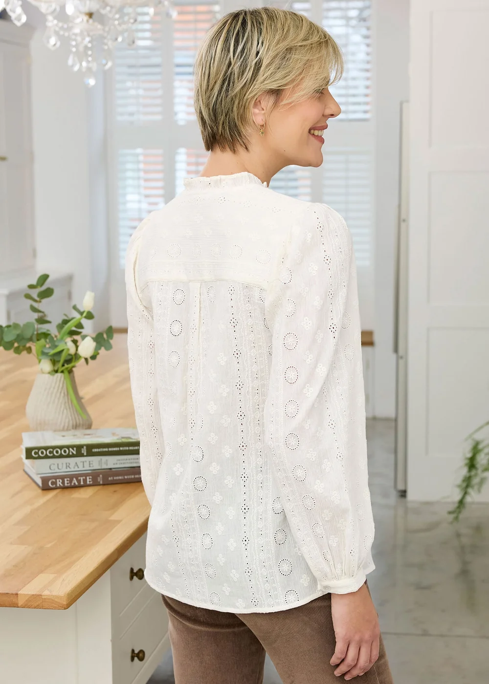 Cotton Traders Cream Frill Neck Broiderie Blouse - 16 Image 3