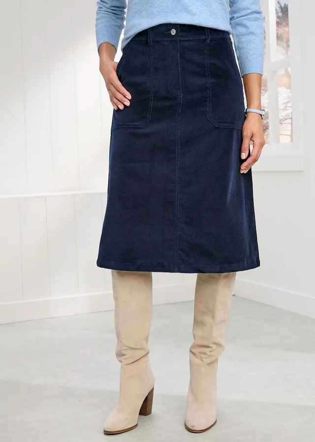 Cotton Traders Navy Stretch Cord Midi Skirt