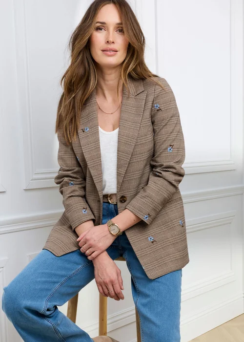 Cotton Traders Dark Brown Embroidered Check Jacket - 14 Image 1