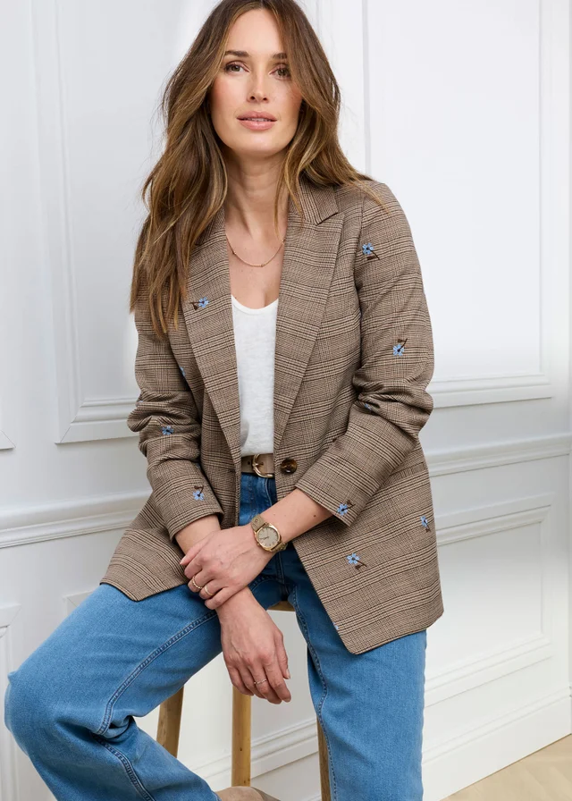 Cotton Traders Dark Brown Embroidered Check Jacket