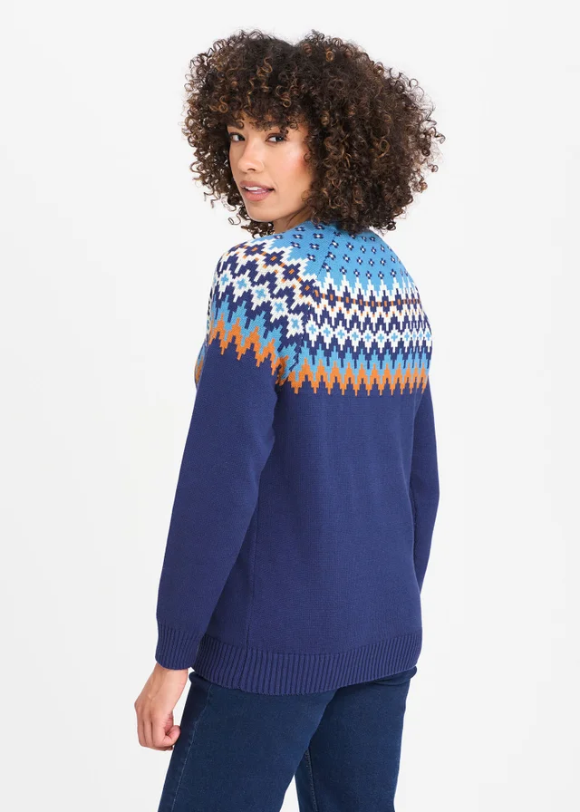 Cotton Traders Marine Cotton Fair Isle Crew Neck Jumper
