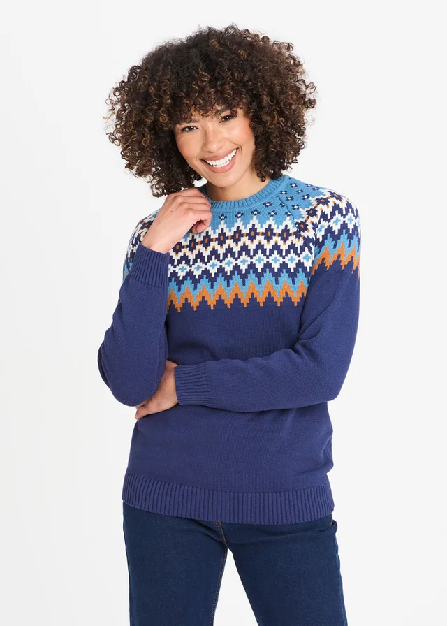 Cotton Traders Marine Cotton Fair Isle Crew Neck Jumper