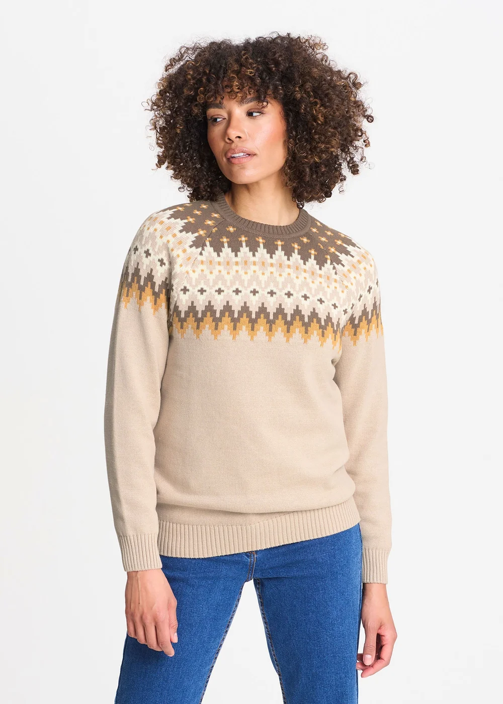 Cotton Traders Warm Beige Cotton Fair Isle Crew Neck Jumper - 3XL Image 1