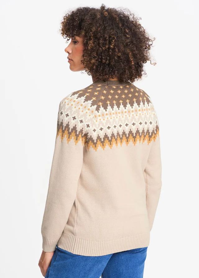 Cotton Traders Warm Beige Cotton Fair Isle Crew Neck Jumper