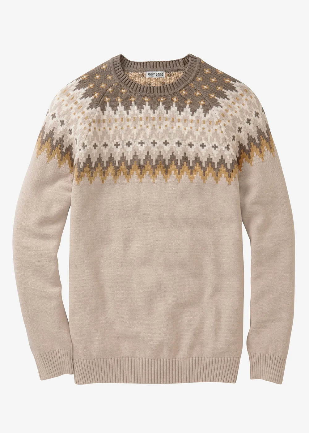 Cotton Traders Warm Beige Cotton Fair Isle Crew Neck Jumper - 3XL Image 4