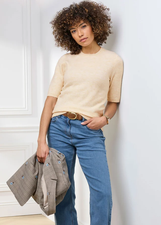 Cotton Traders Parchment Fine Knit Short Sleeved Jumper