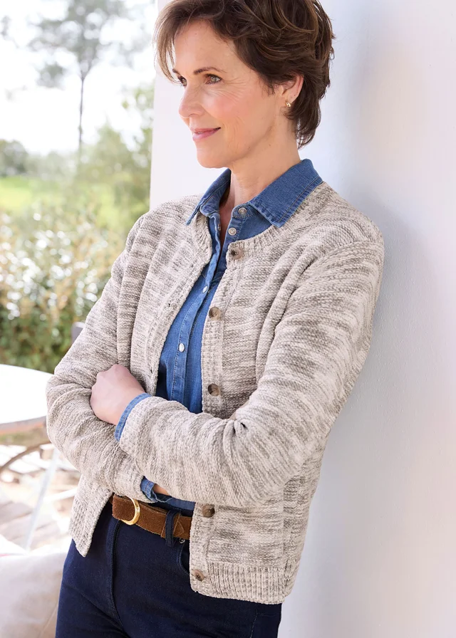 Cotton Traders Grey Chenille Crew Neck Cardigan
