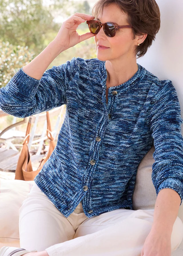 Cotton Traders Navy Chenille Crew Neck Cardigan