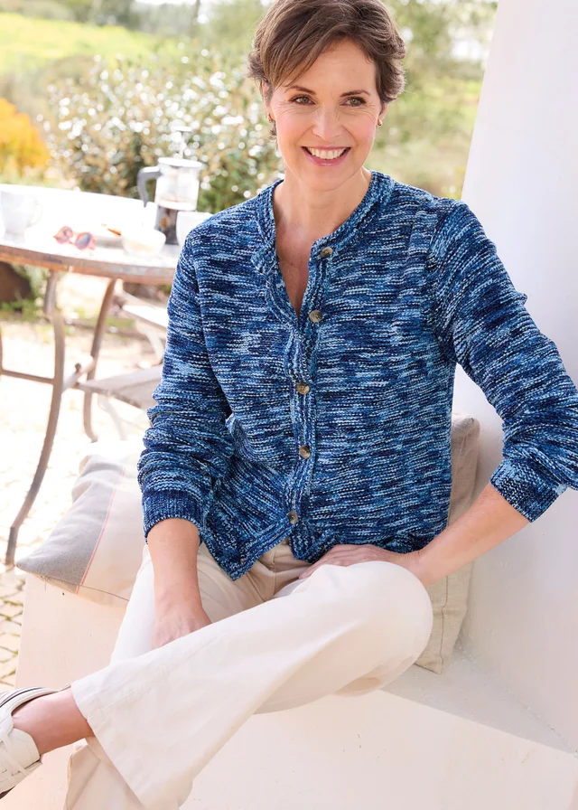 Cotton Traders Navy Chenille Crew Neck Cardigan