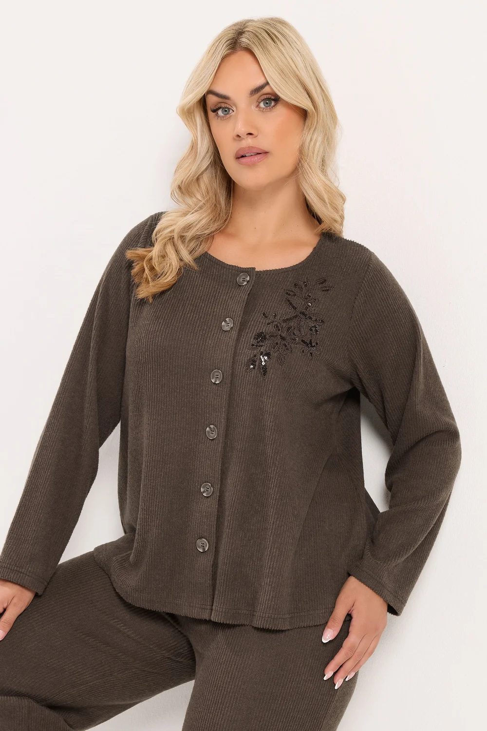Yours Curve Chocolate Brown Soft Touch Embroidered Cardigan - 22-24 Image 1
