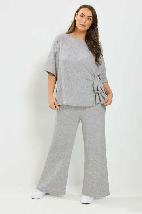Yours Curve Grey Tie Waist Soft Touch Trouser Set - 30-32 Image 1